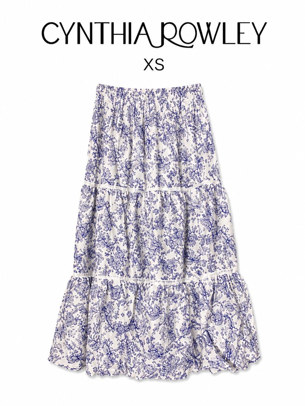 Cynthia Rowley XS Blue White Floral Tiered Maxi Skirt Pull On Cottagecore